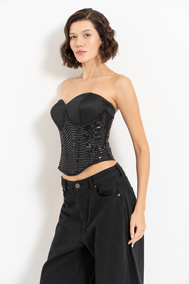 Siyah Pullu Kalp Yaka Büstiyer - 5