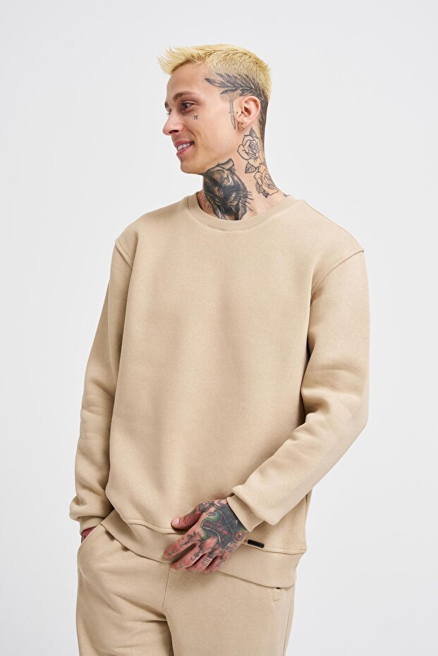 Erkek Regular Bisiklet Yaka Basic Sweatshirt Bej - 3