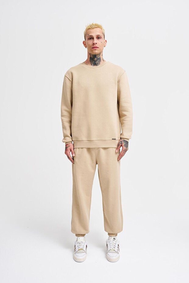 Erkek Regular Bisiklet Yaka Basic Sweatshirt Bej - 5