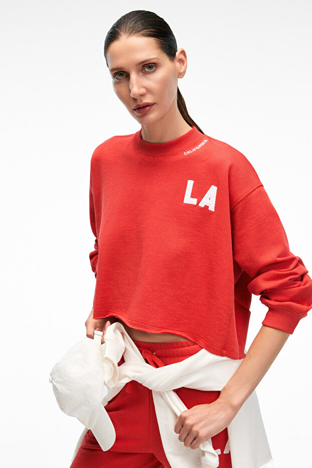 Delyra Women's Crew Neck Relaxed Fit Red Sweatshirt with Embroidery Detail
