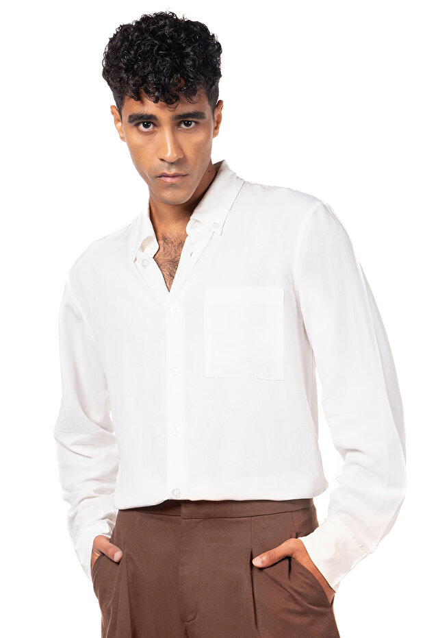 Relaxed White Rayon-Linen Shirt