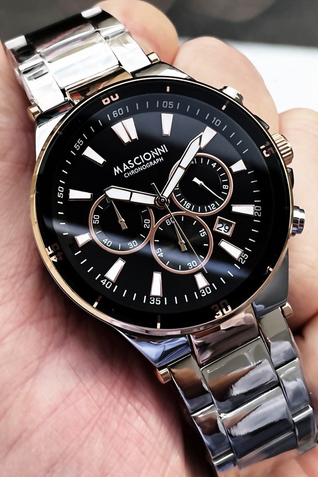 Chronograph Men's Wristwatch 3 Atm Waterproof Silver Color Steel Strap