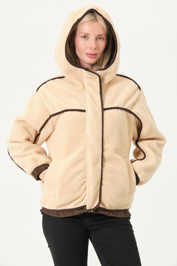 Women's Coat Women's Plush Coat with Velvet Detail