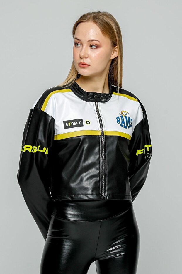 Women's Oversize Printed Leather Striped Biker Coat Short Zippered Racer Jacket Bomber College Coat