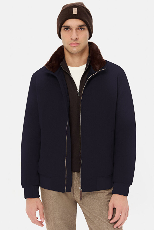 Ds Damat Regular Fit Navy Blue Straight Collar Detachable Fur Coat