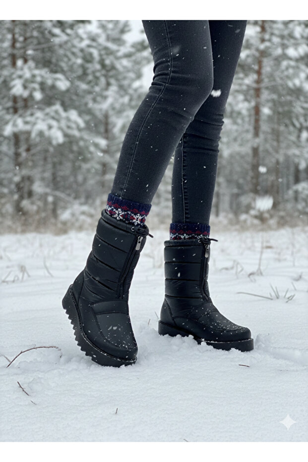 Siyah Paraşüt Kumaş Kar Botu 1453-01 - 1