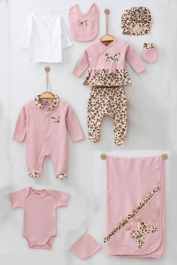 Butterfly Leopard Printed Jumpsuit 100% Cotton Newborn Baby Girl 10 Piece Hospital Discharge Bodysuit Set