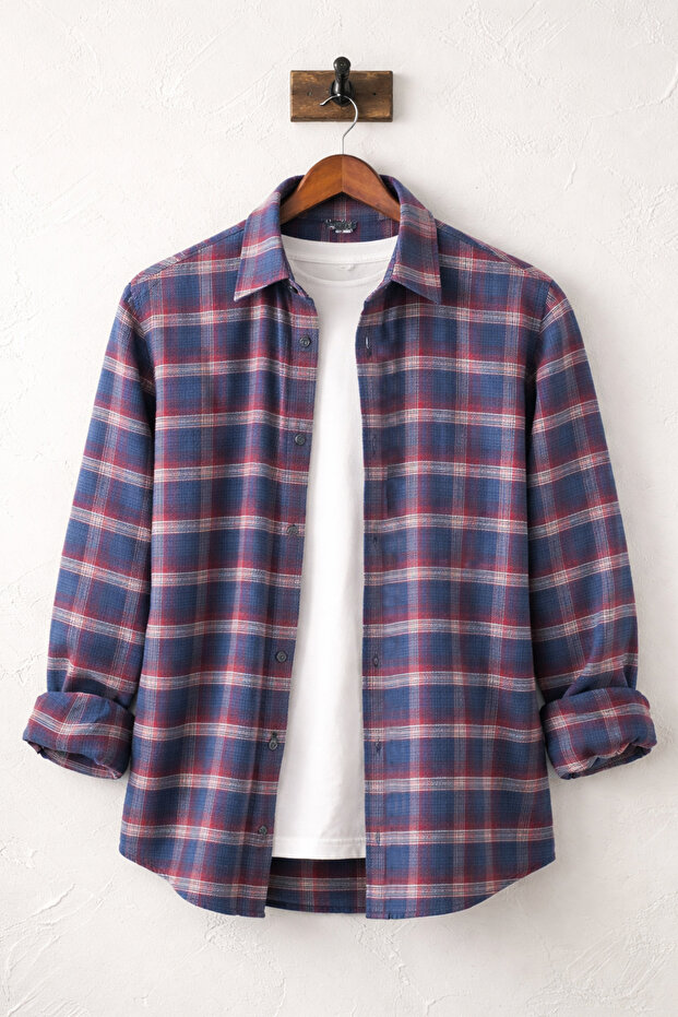 Men's Navy Blue Checkered Winter Wool Shirt with Pockets, Wide Cut