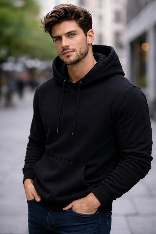 Hooded and Kangaroo Pocket 3 Thread Raised Sweatshirt