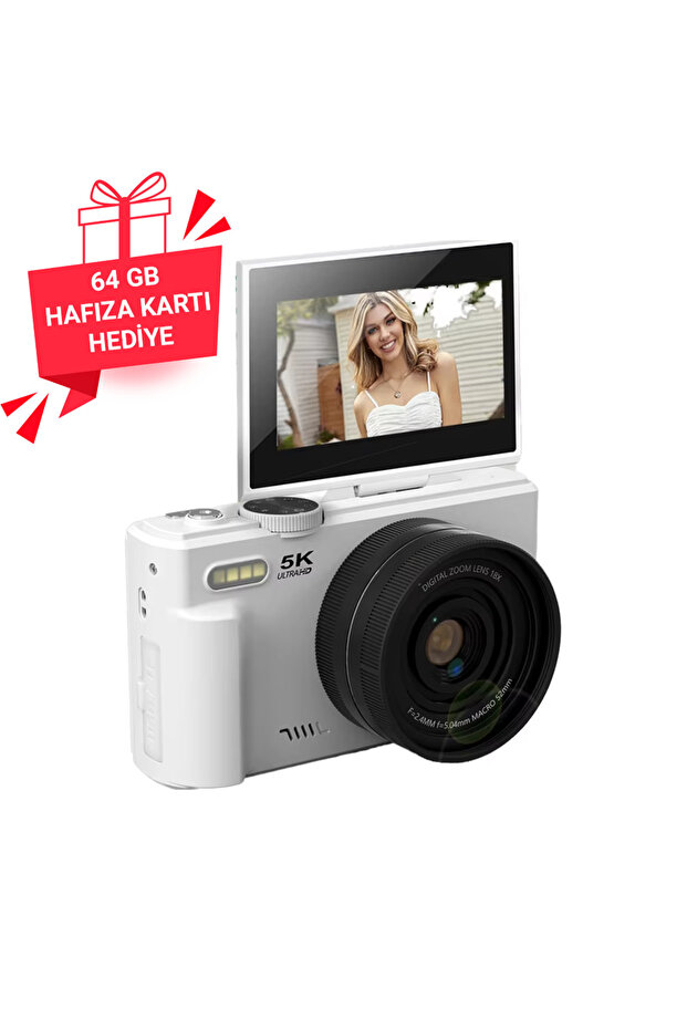 İMEXTECH W1 5K 75MP 18X Zoom Flaşlı 3” Flip Ekranlı Türkçe 64GB Kart Dijital Vlog Fotoğraf Makinesi