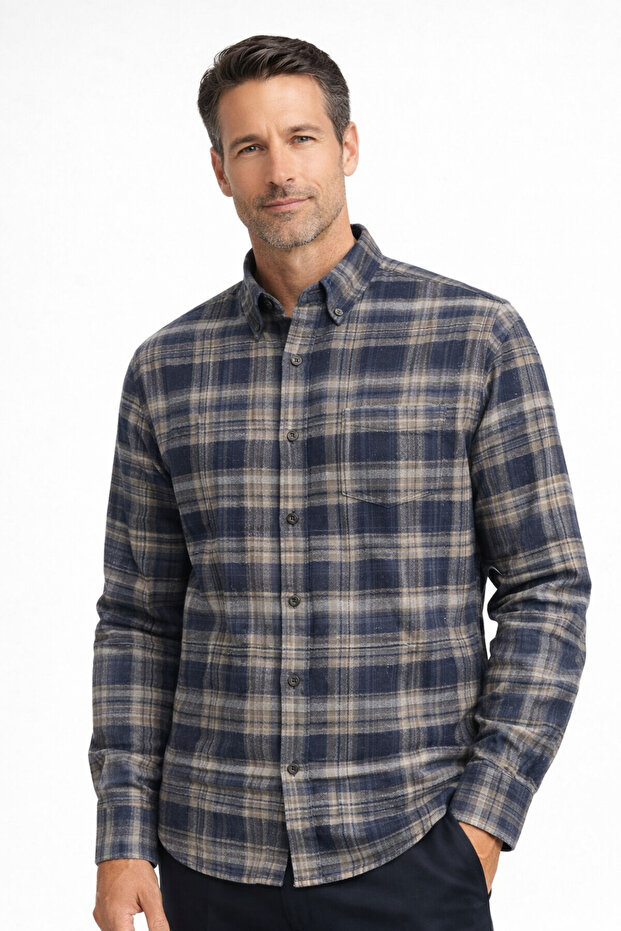 Comfortable Cut Striped Checked Winter Men's Dad Shirt