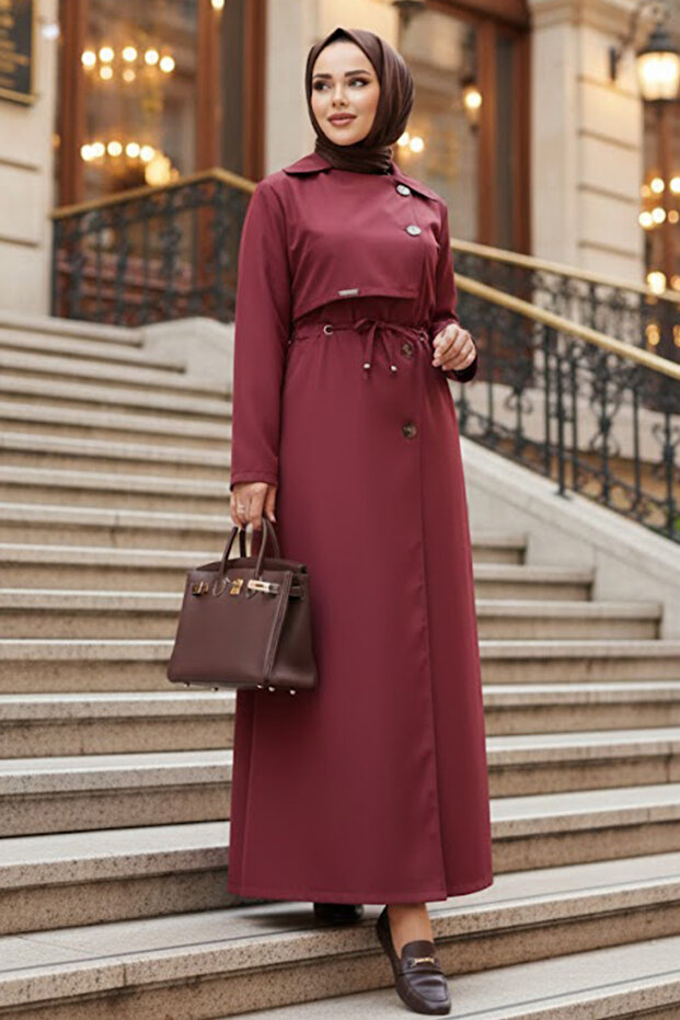 Buttoned Burgundy Hijab Trench Coat 684Br