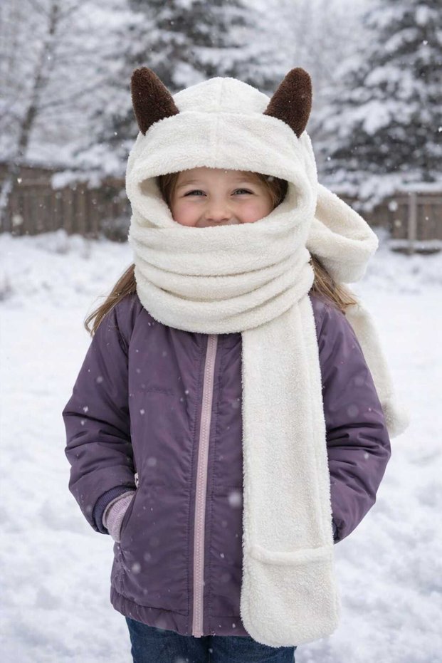 3-in-1 One-Piece Scarf Beanie Gloves 7-14 Years Old Girls Boys Winter Earflap Plush Ecru