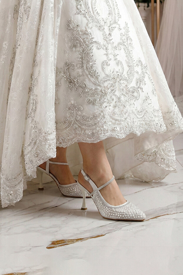 Perola Pearl White Satin Rhinestone Pearl Open Back Pointed Toe Thin Heeled Evening Dress Bridal Shoes