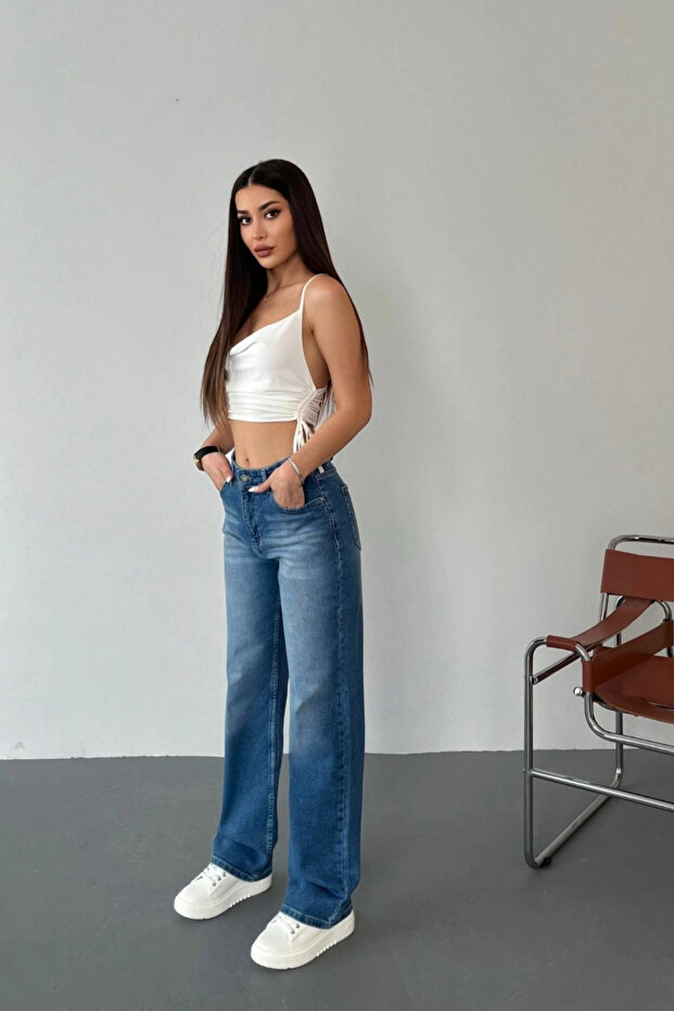 Női, magas derekú Lycra hatású, egyenes szabású farmer - 5