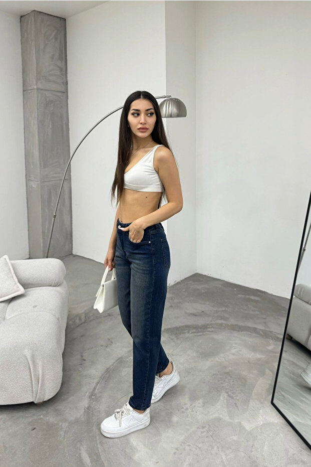 Női rugalmas/lycra magas derekú Mom Jeans - 6