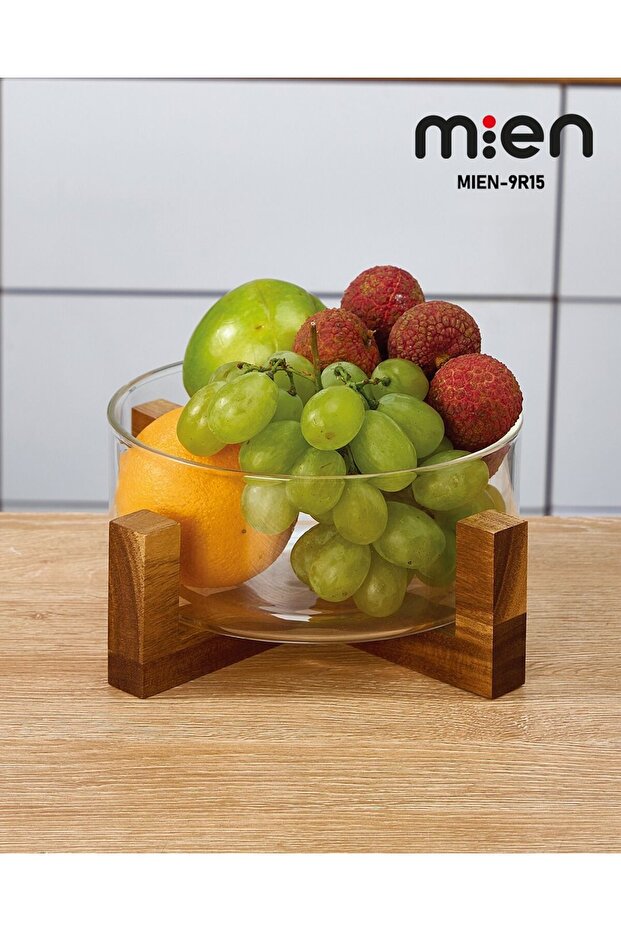Lenny Acacia Glass Salad & Fruit Bowl with Base 17cm
