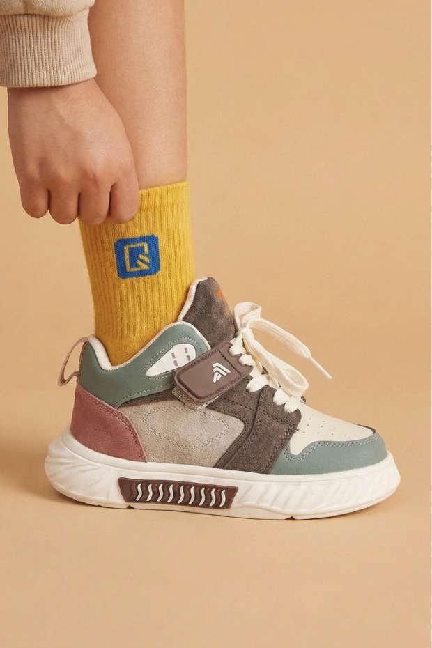 Unisex Children's Beige Sports Shoes Orthopedic Lace-Up Velcro Patterned Non-Slip Sole Walking Sneaker 537