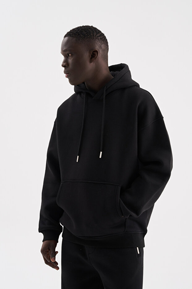 Erkek Oversize Basic Kapüşonlu Sweatshirt Siyah - 2