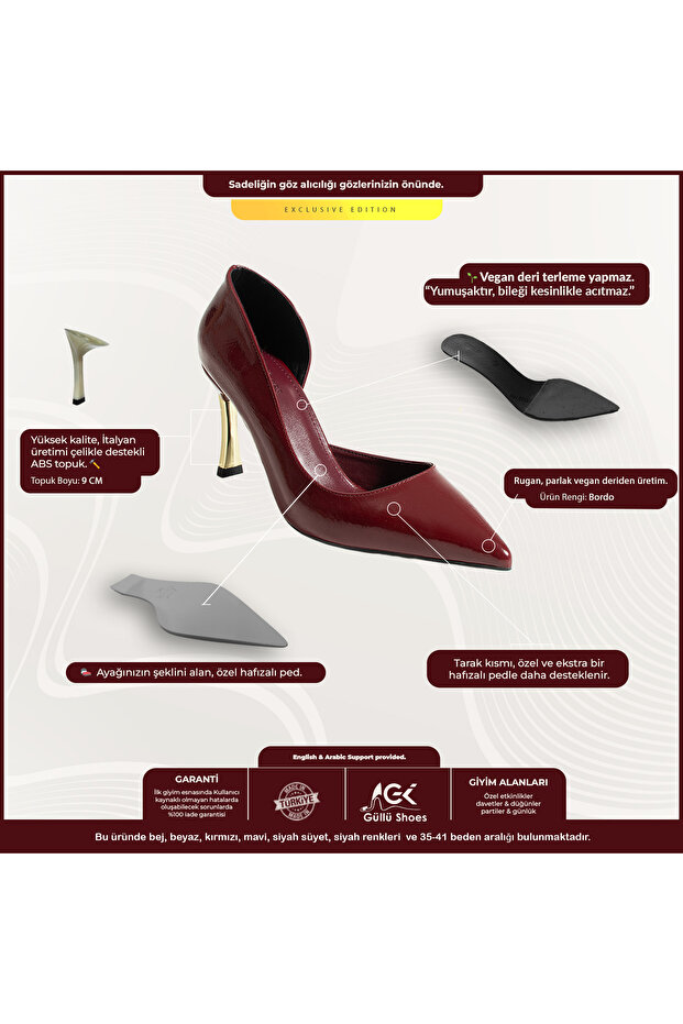 Bordo Rugan Stiletto 9 Cm Altın Ökçe Sivri Burun Vegan Kadın Topuklu Ayakkabı Günlük Özel Gün - 2