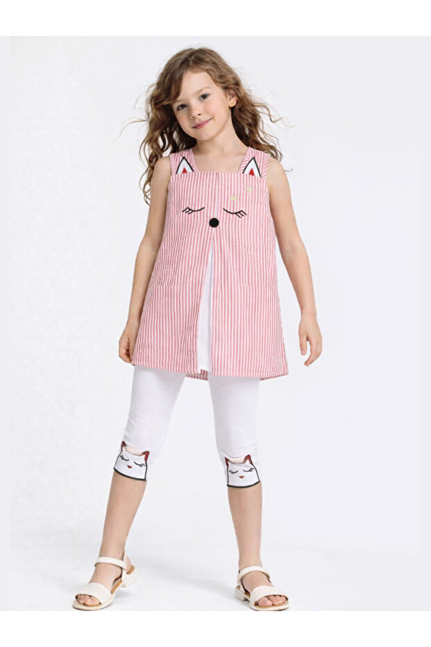 Cat Themed Woven Fabric Designed, Girl's Tunic & Leggings Set
