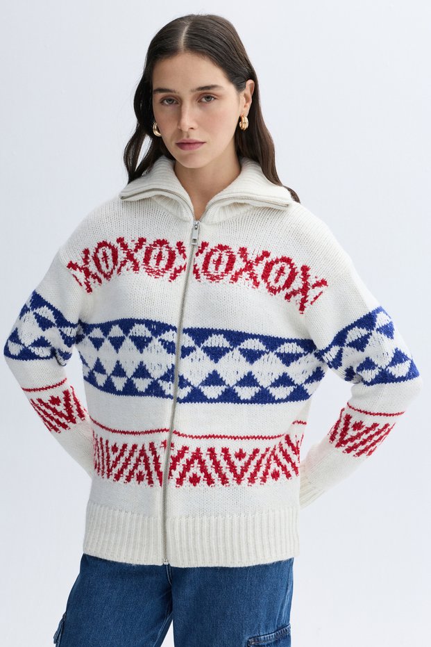 Women's Ecru Jacquard Stand Collar Zippered Cardigan