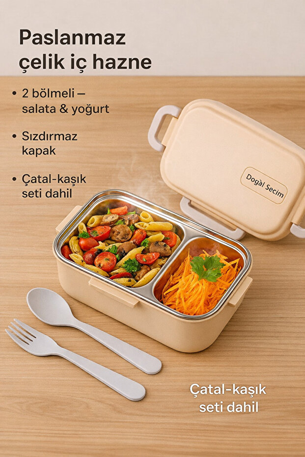 Steel Lunch Box 2 Compartments, with Fork Spoon, Air Lock, Microwaveable, Bpa Free