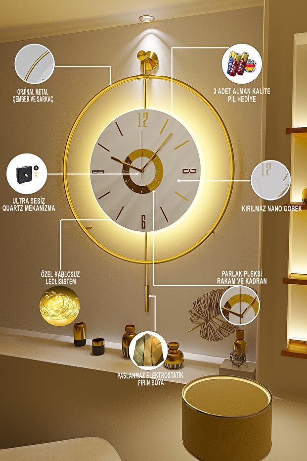 MetaQuartz Aksesuar Orjinal Ürün - Timelles Kadran -(3 Pil Dahi )Ultra Sessiz Quartz Mekanizmalı Metal Ledli Duvar Saati