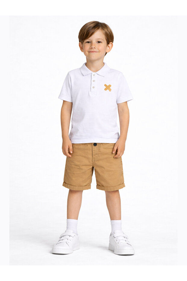 Beige Gabardine Shorts & White Polo T-Shirt Set
