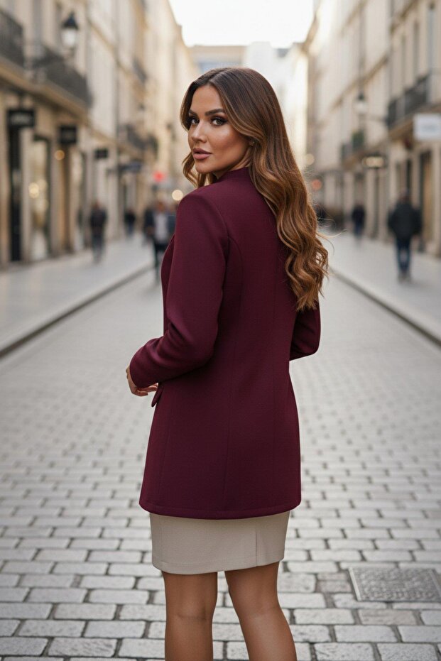 سترة أطلس بأزرار وياقة حكيم - لون بورجوندي - 6