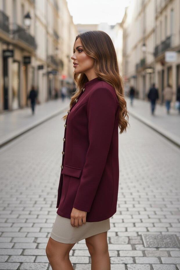 سترة أطلس بأزرار وياقة حكيم - لون بورجوندي - 5