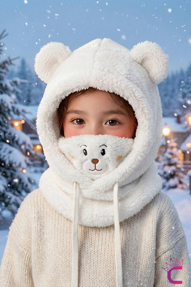 Cute Teddy Bear Soft Plush Beanie Neck Warmer Hat Scarf All-In-One White 3-12 Years Old Winter Gift