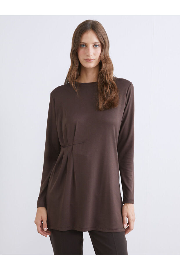 Brown Crew Neck Gathered Women's Tunic from Plus-Store
