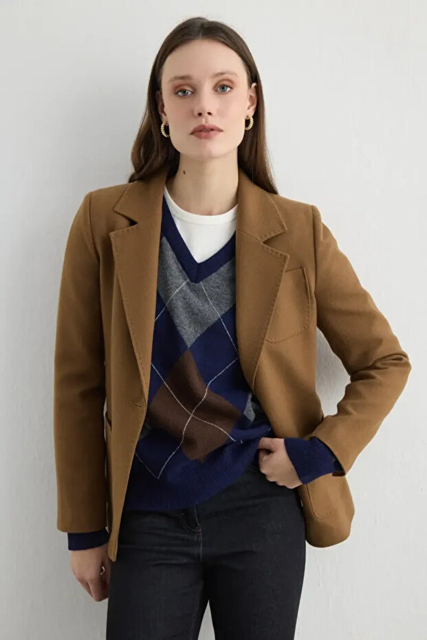 Yünlü Blazer Ceket - Camel - 6