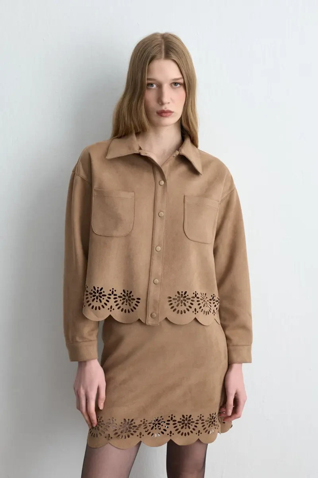 Patterned Suede Shirt Jacket - Camel - 1