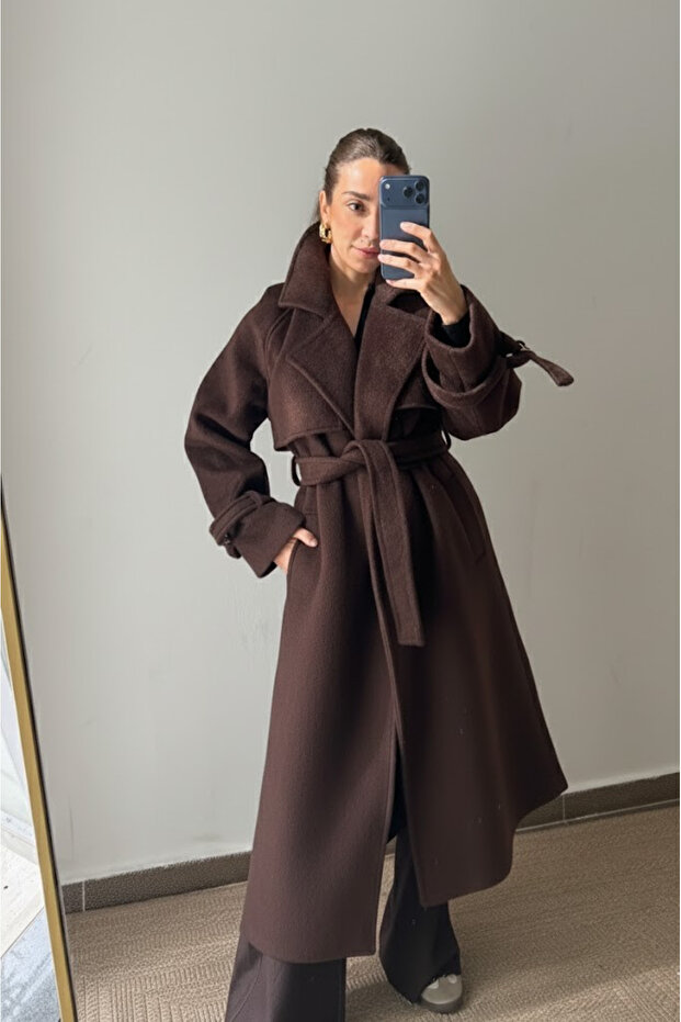 Dark Brown Vorkuta Belted Coat - 500004