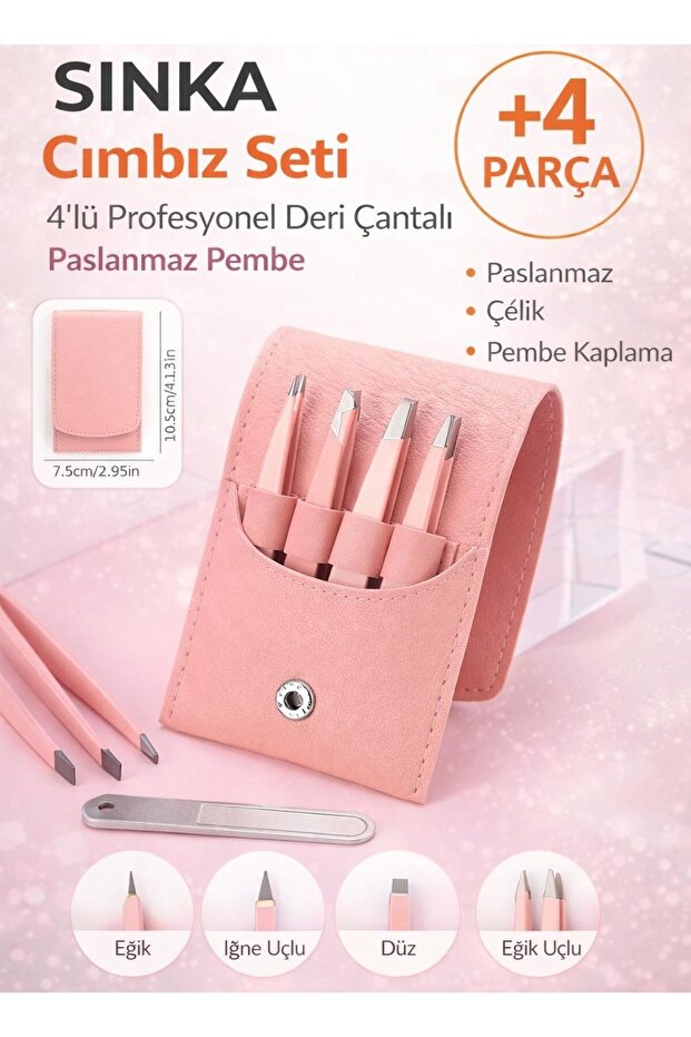 Tweezers Set of 4 Professional Leather Bag Pink Stainless