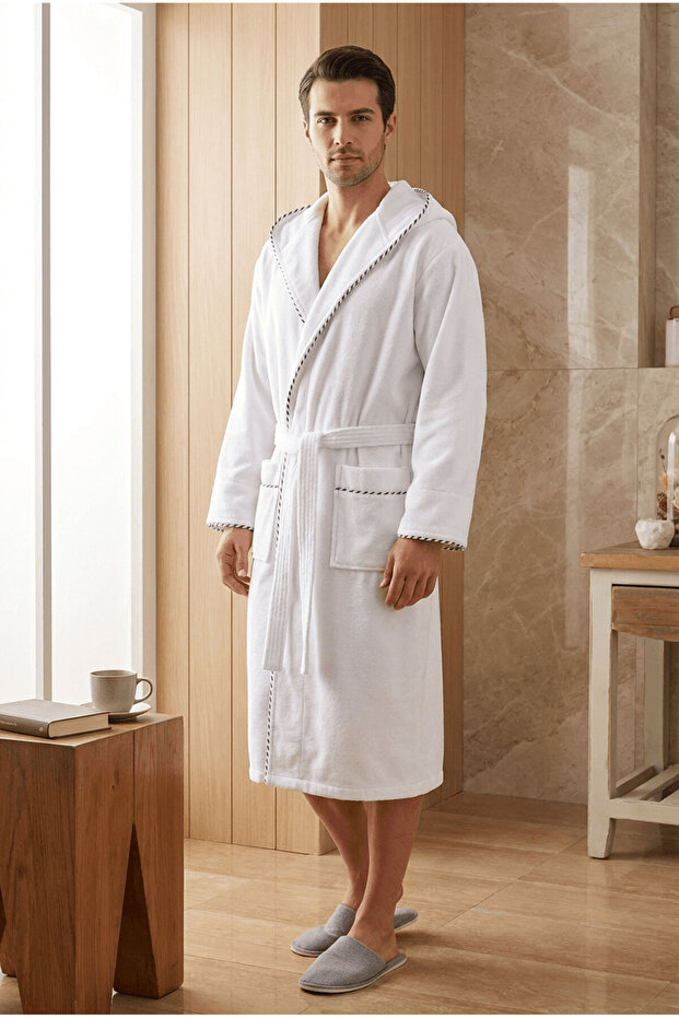 Biyeli Kapşonlu Bambu Bornoz - 1