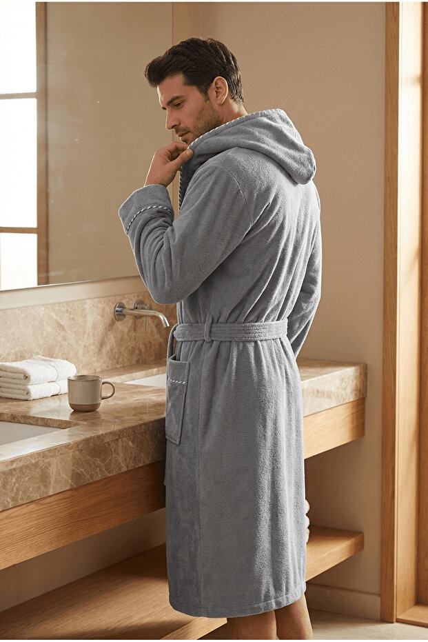 Biyeli Kapşonlu Bambu Bornoz - 2