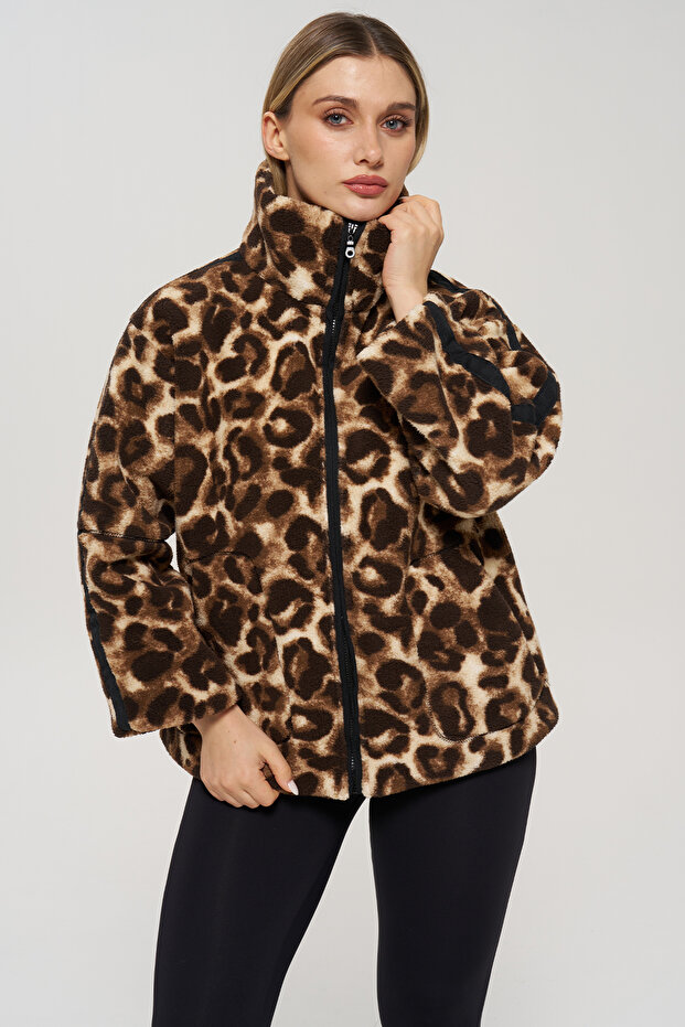 Leopard Patterned Lined Zippered Plush Sweatshirt
