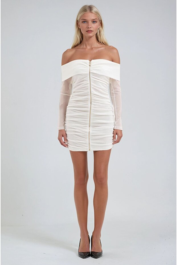 White Drape Detailed Full Zipper Mini Tulle Dress 2937 R5-G-K5