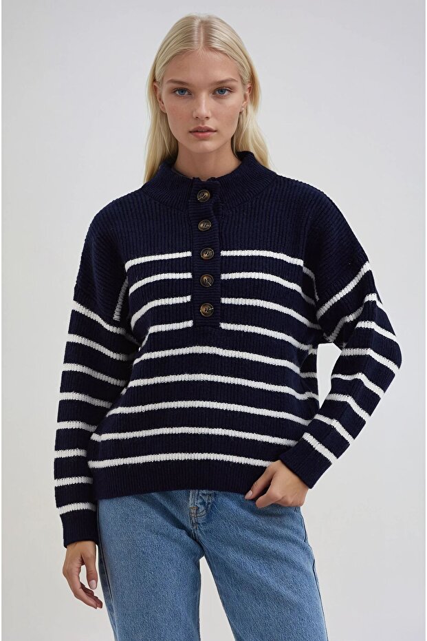 Navy Blue Stripe and Button Detailed Mock Neck Knitwear Sweater 1393