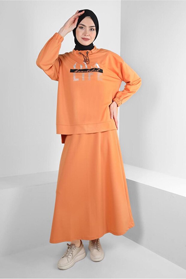 Text and Stone Printed Skirt Track Suit Set 43595