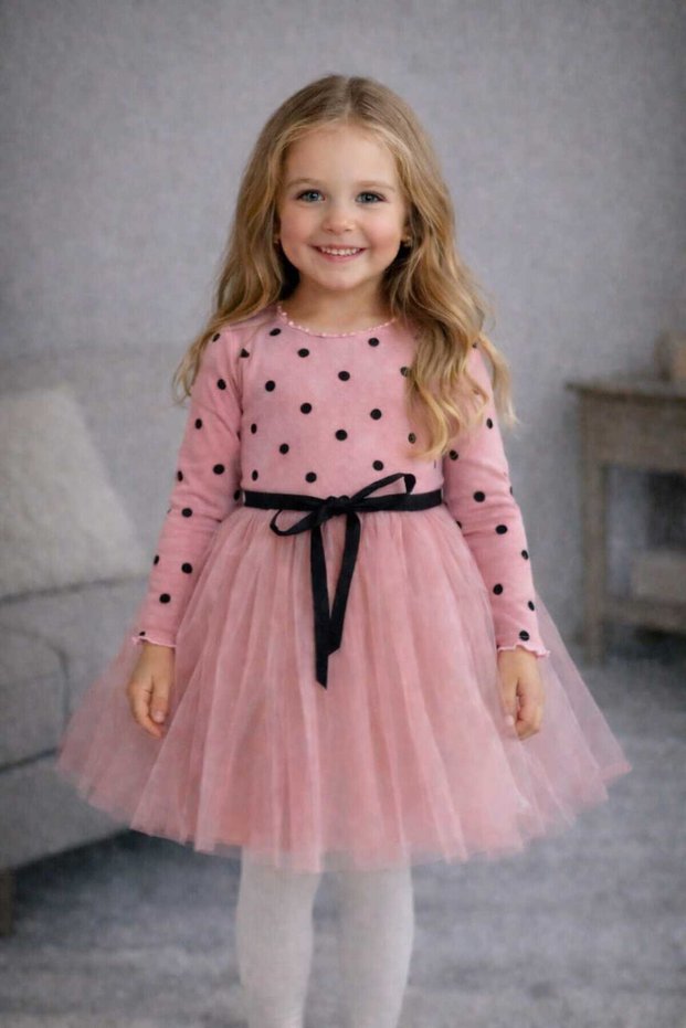 Linda Girl's Princess Fluffy Tutu Dress Long Sleeve Polka Dot Flexible Lycra Dusty Rose Tulle