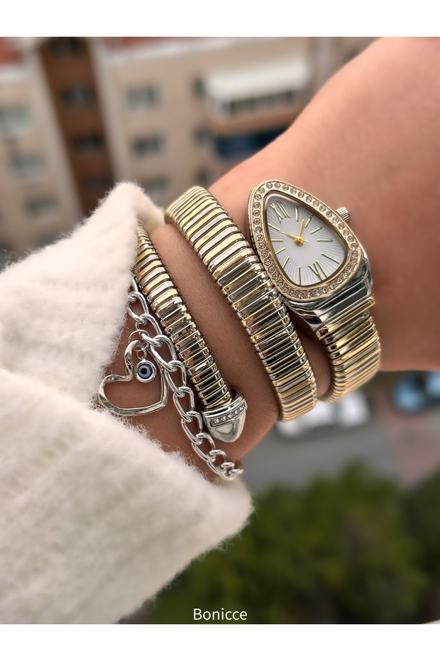 Retro Model in Special Gift Box, Snake Stone Case, Silver Yellow Color Cord, Women's Wristwatch Bracelet