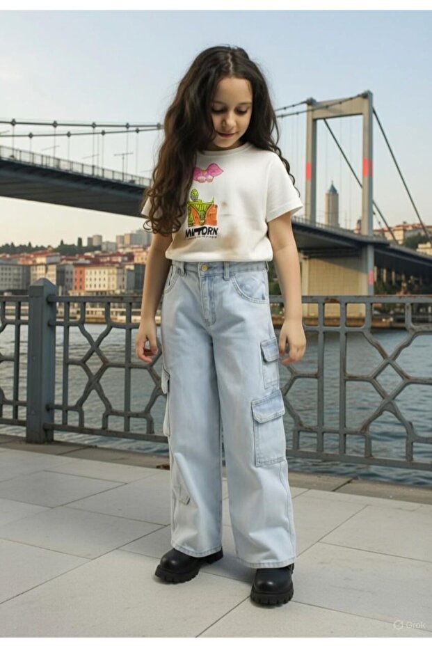 Girls' Pants Cargo Pocket Jeans Ripped Washed