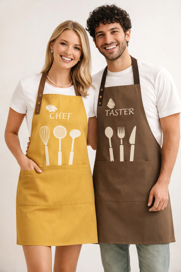 Kitchen Apron Set of 2 Mustard Brown Stain Resistant Water Repellent Fabric Chef Print Dowry Apron