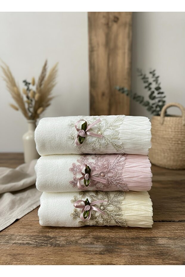 Lalin Guipure and Lace 3-Piece 50X90 Hand Towel / Hand and Face Towel / Dowry Set / Towel Pack