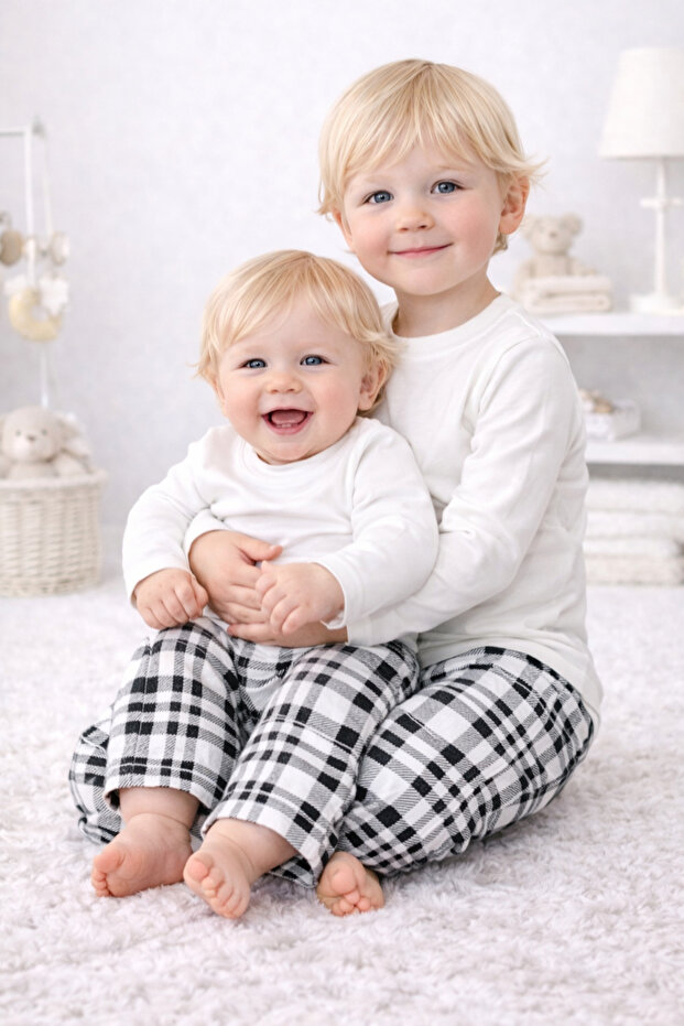 Children's Baby Pajama Set Long Sleeve White Plaid
