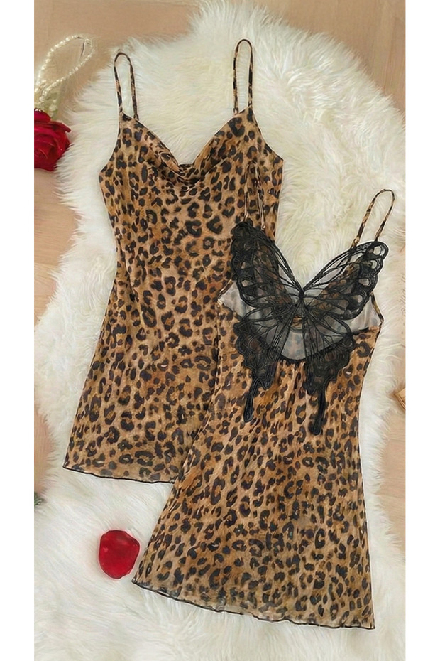 Leopard Nightgown with Distinctive Butterfly Wing Back Design - One Size
